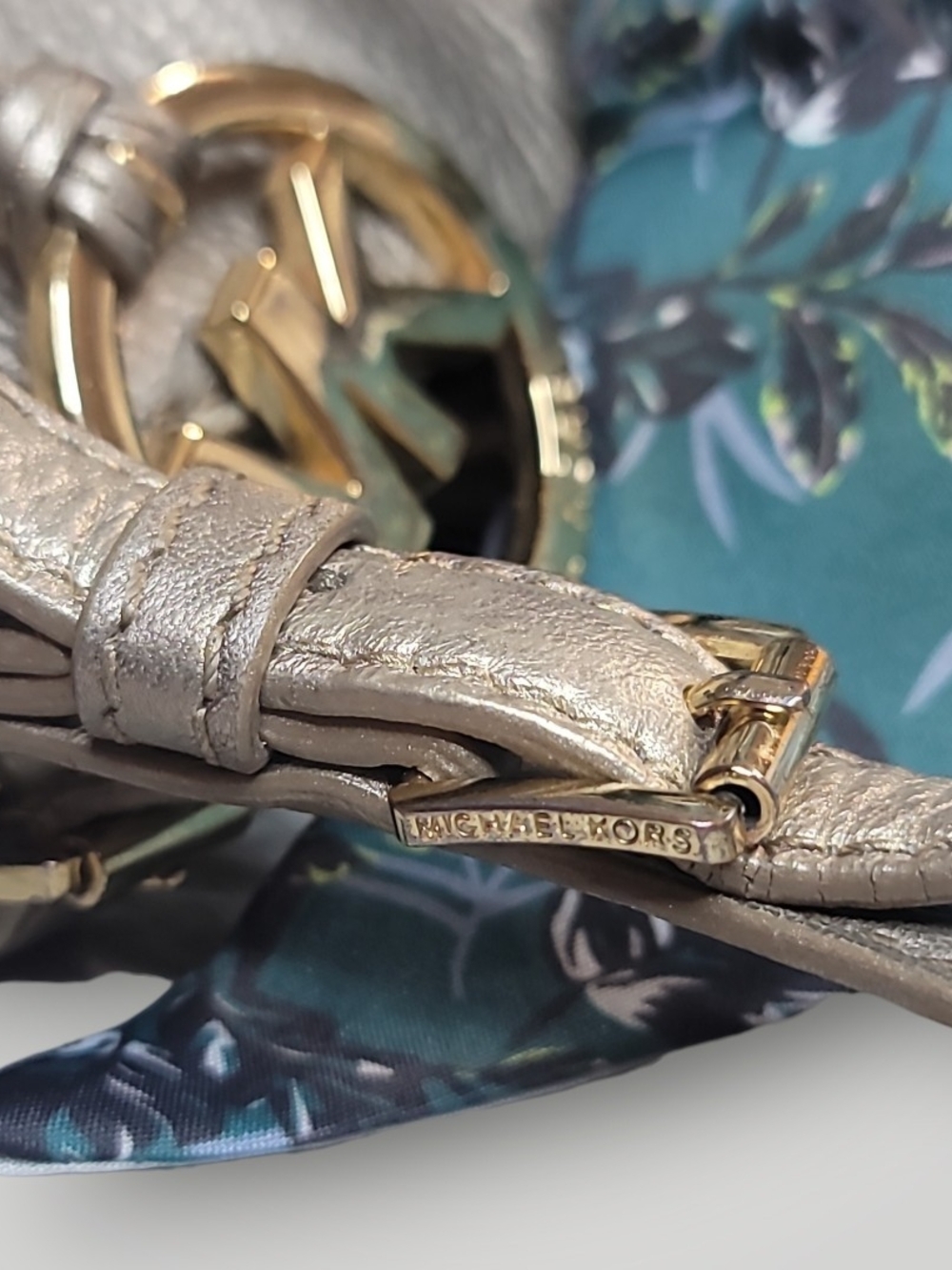 Michael Kors Gold Leather Shoulder Tote with Teal Floral Scarf And Hairclip - Picture 6 of 8